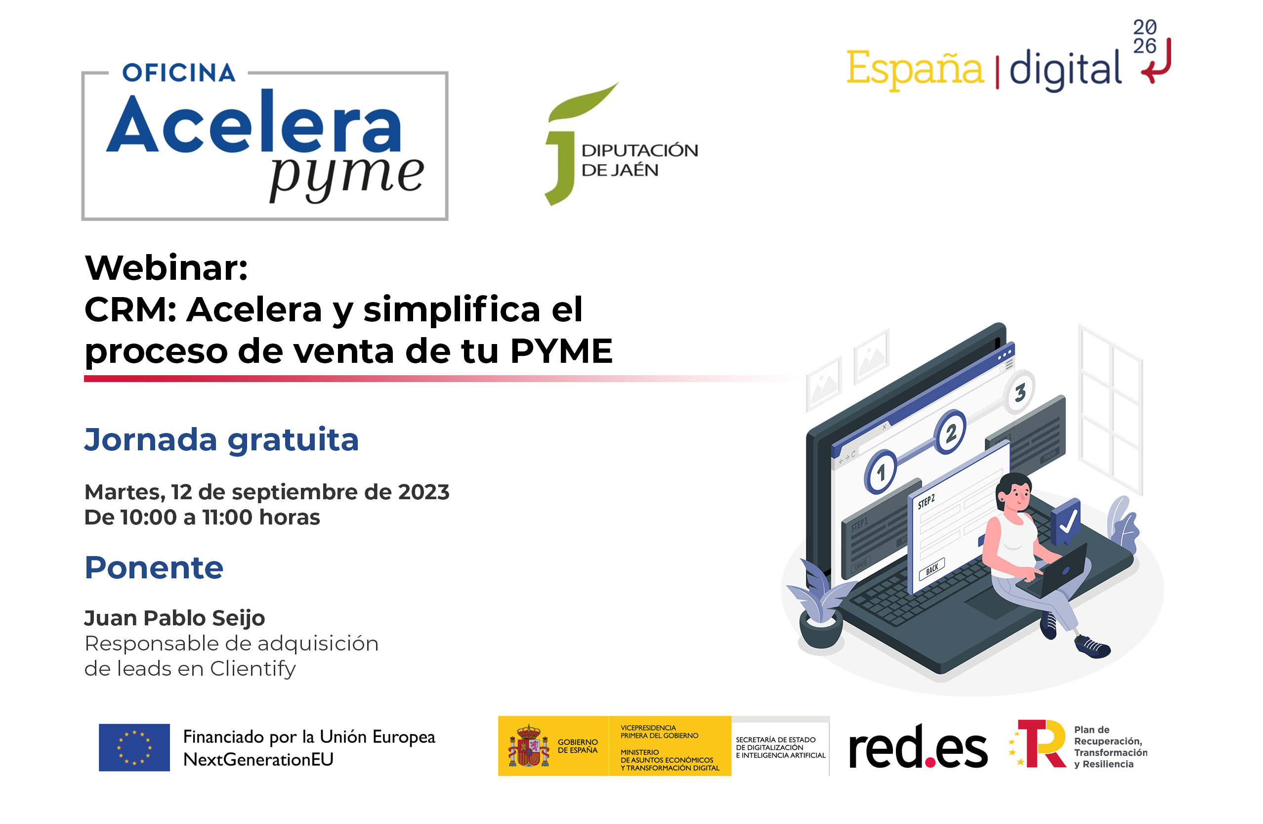 Cartel del evento "CRM: acelera y simplifica el proceso de venta de tu pyme" organizado por la Oficina Acelera Pyme Rural de la Diputación Provincial de Jaén