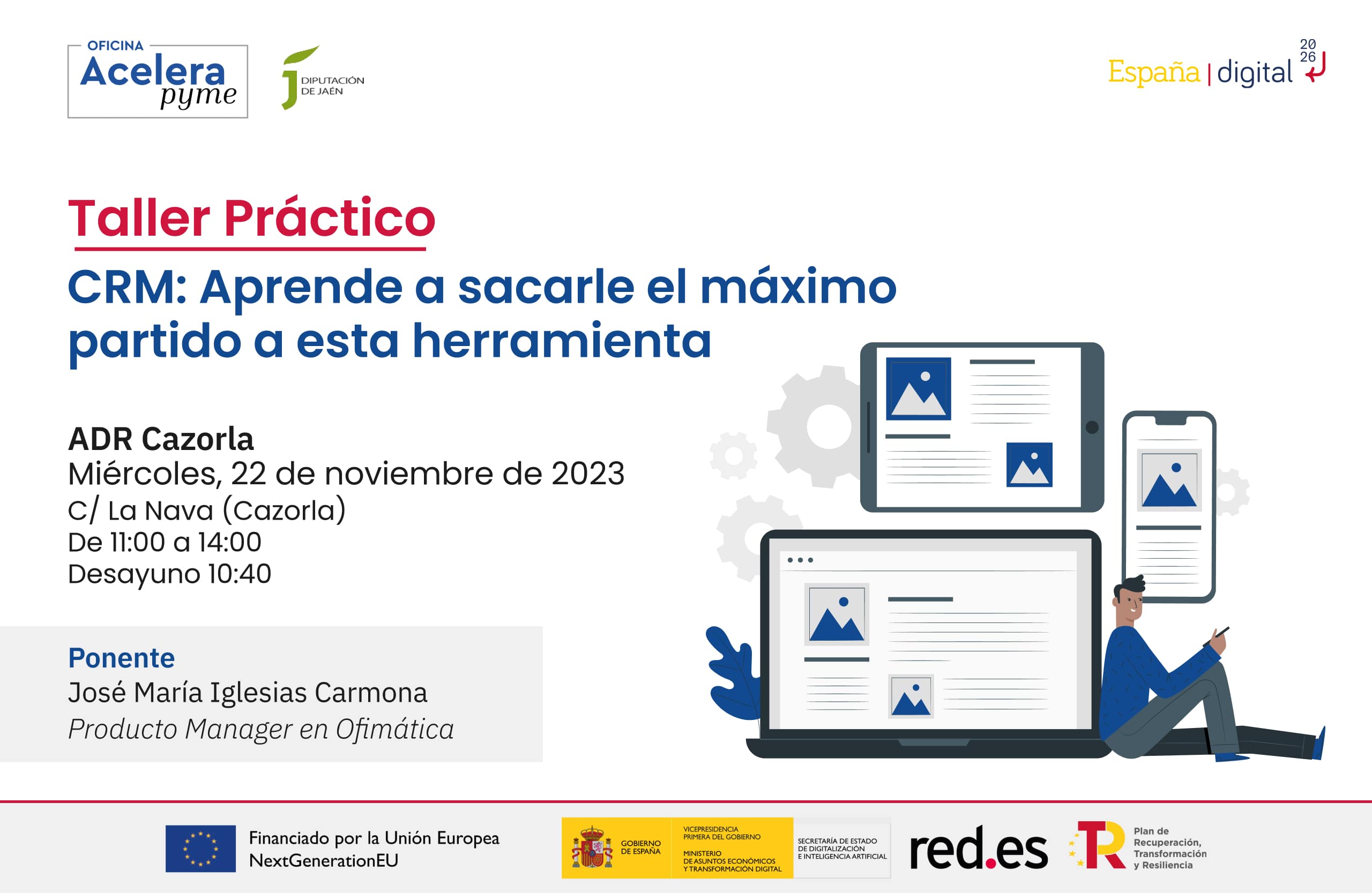 Cartel del evento "CRM: aprende a sacarle el máximo partido a esta herramienta" organizado por la Oficina Acelera Pyme Rural de la Diputación Provincial de Jaén