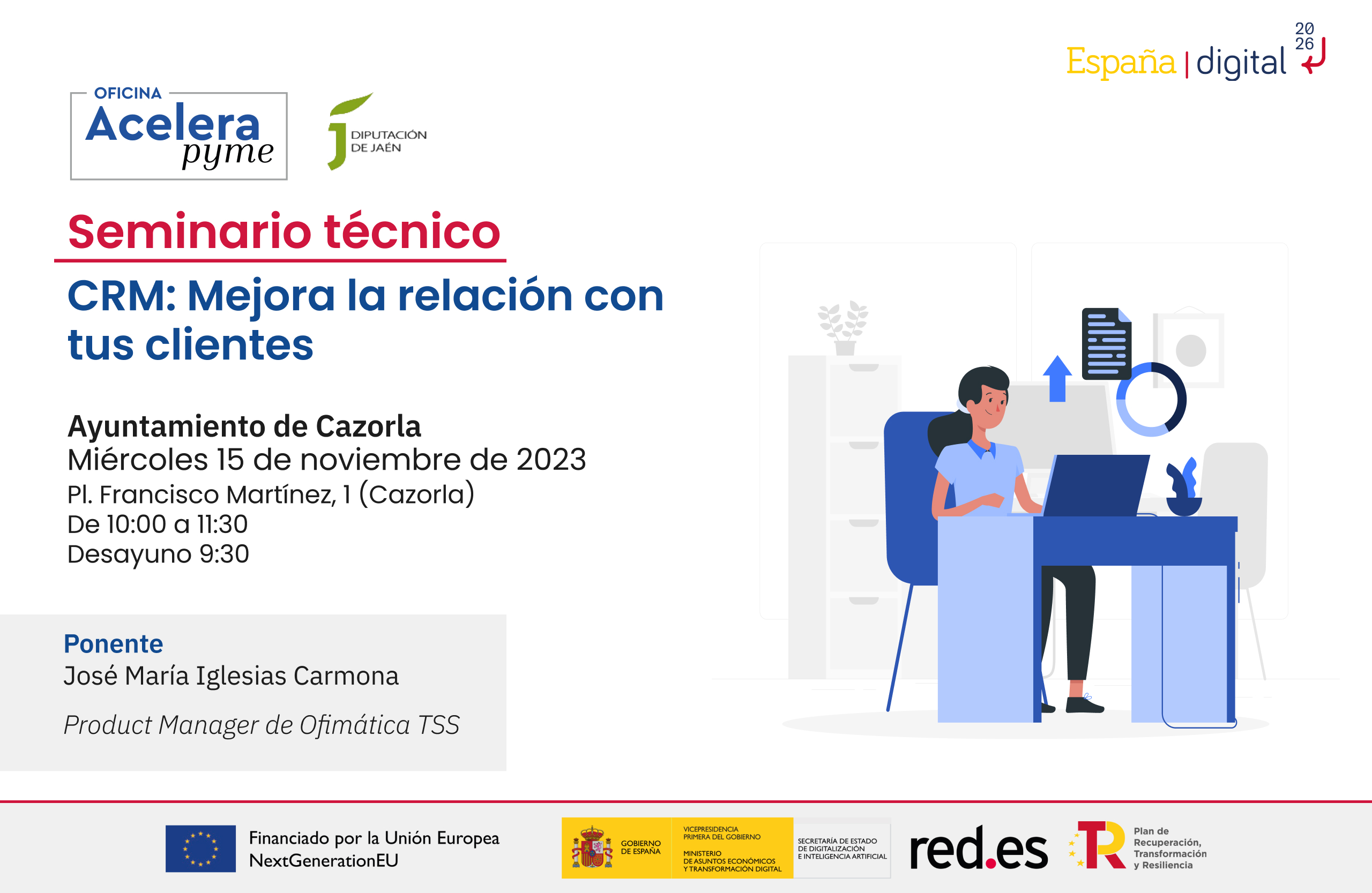 Cartel del evento "CRM: mejora la relación con tus clientes" organizado por la Oficina Acelera Pyme Rural de la Diputación Provincial de Jaén