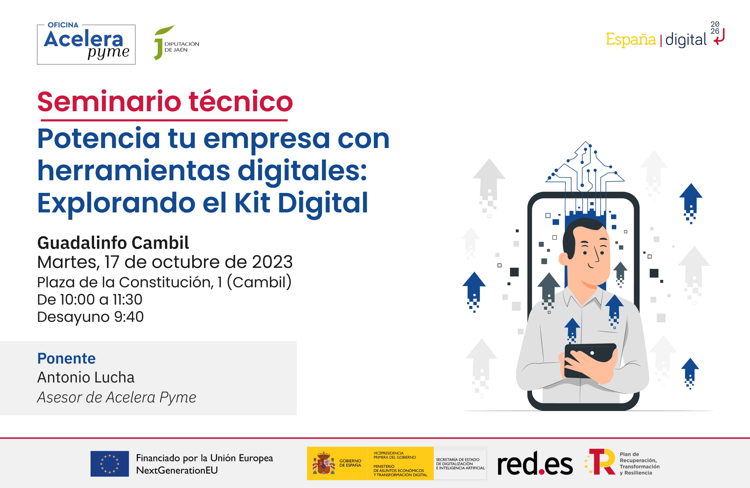 Cartel del evento "Potencia tu empresa con herramientas digitales: explorando el Kit Digital" organizado por la Oficina Acelera Pyme Rural de la Diputación Provincial de Jaén