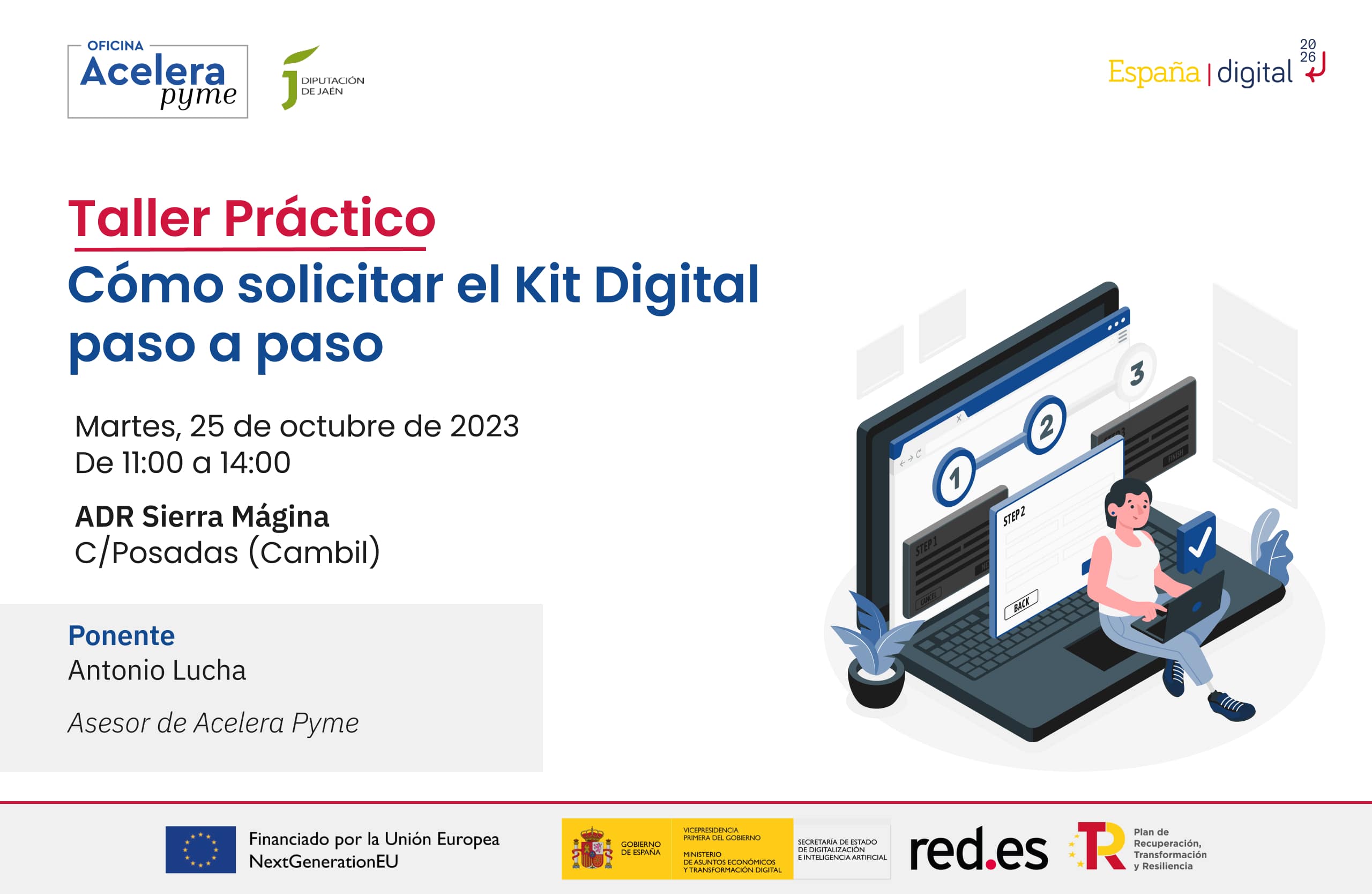 Cartel del evento "Cómo solicitar el Kit Digital paso a paso" organizado por la Oficina Acelera Pyme Rural de la Diputación Provincial de Jaén