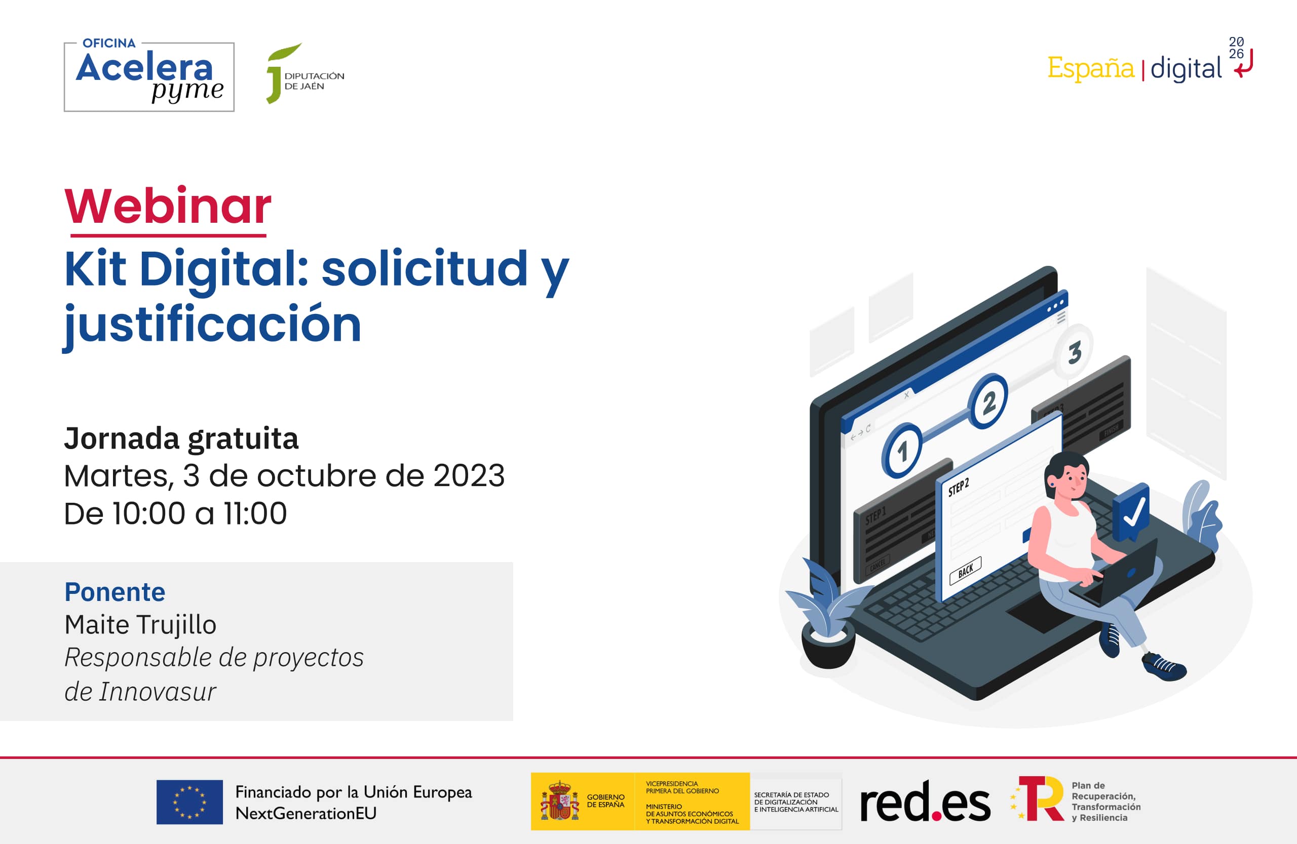 Cartel del evento "Kit Digital: solicitud y justificación" organizado por la Oficina Acelera Pyme Rural de la Diputación Provincial de Jaén