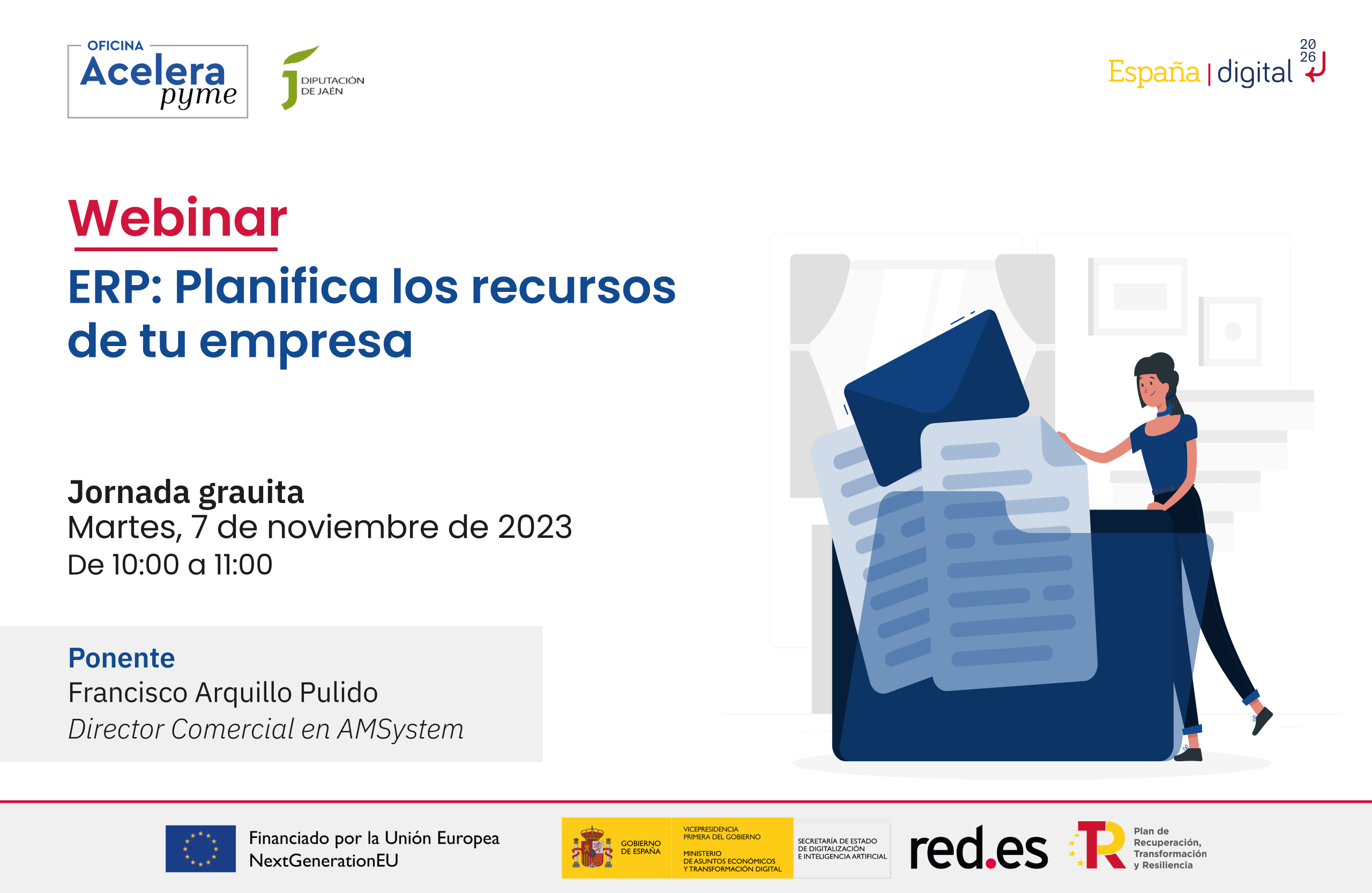 Cartel del evento "ERP: planifica los recursos de tu empresa" organizado por la Oficina Acelera Pyme Rural de la Diputación Provincial de Jaén