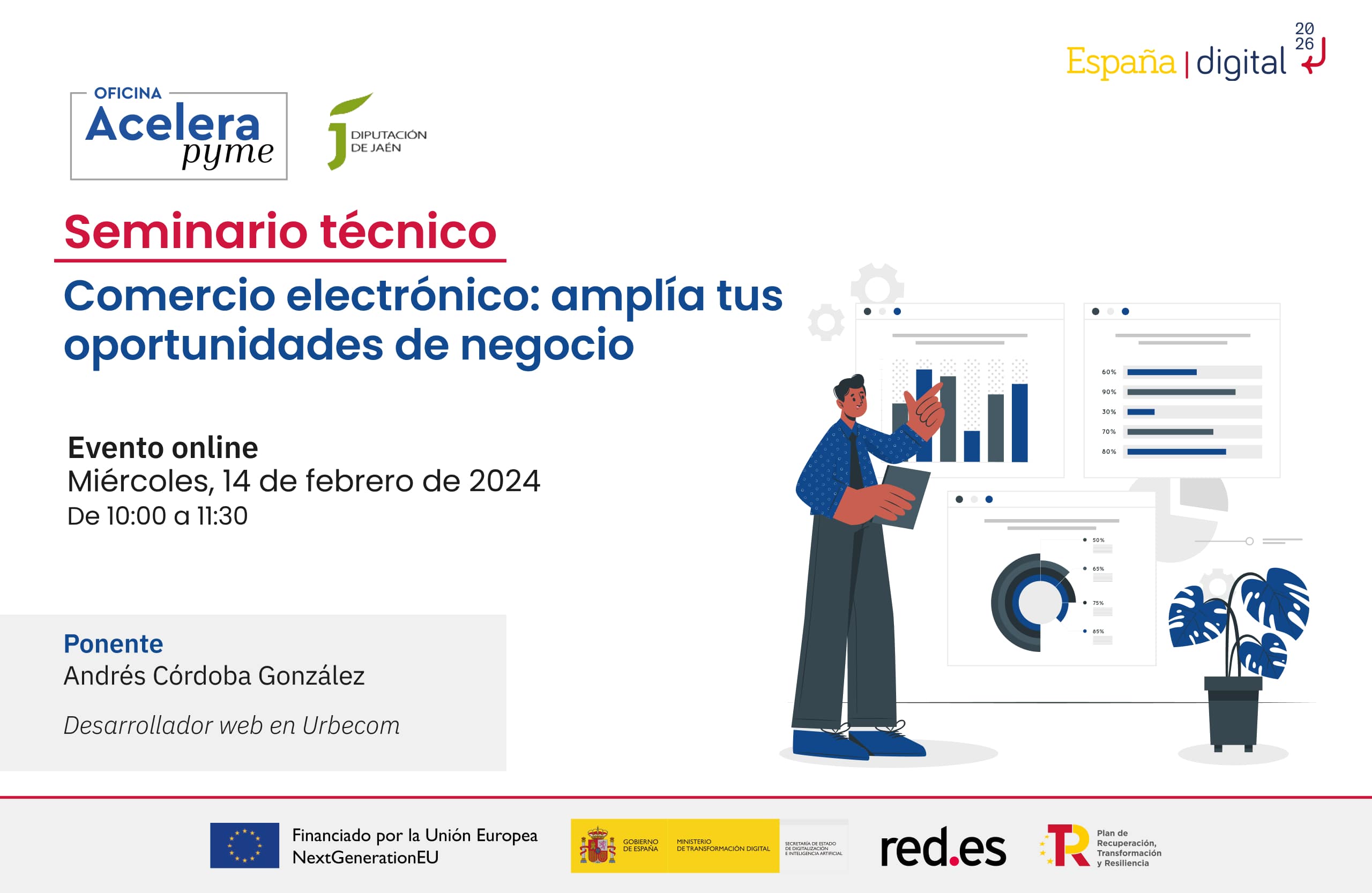 Cartel del evento "Comercio electrónico: amplía tus oportunidades de negocio" organizado por la Oficina Acelera Pyme Rural de la Diputación Provincial de Jaén