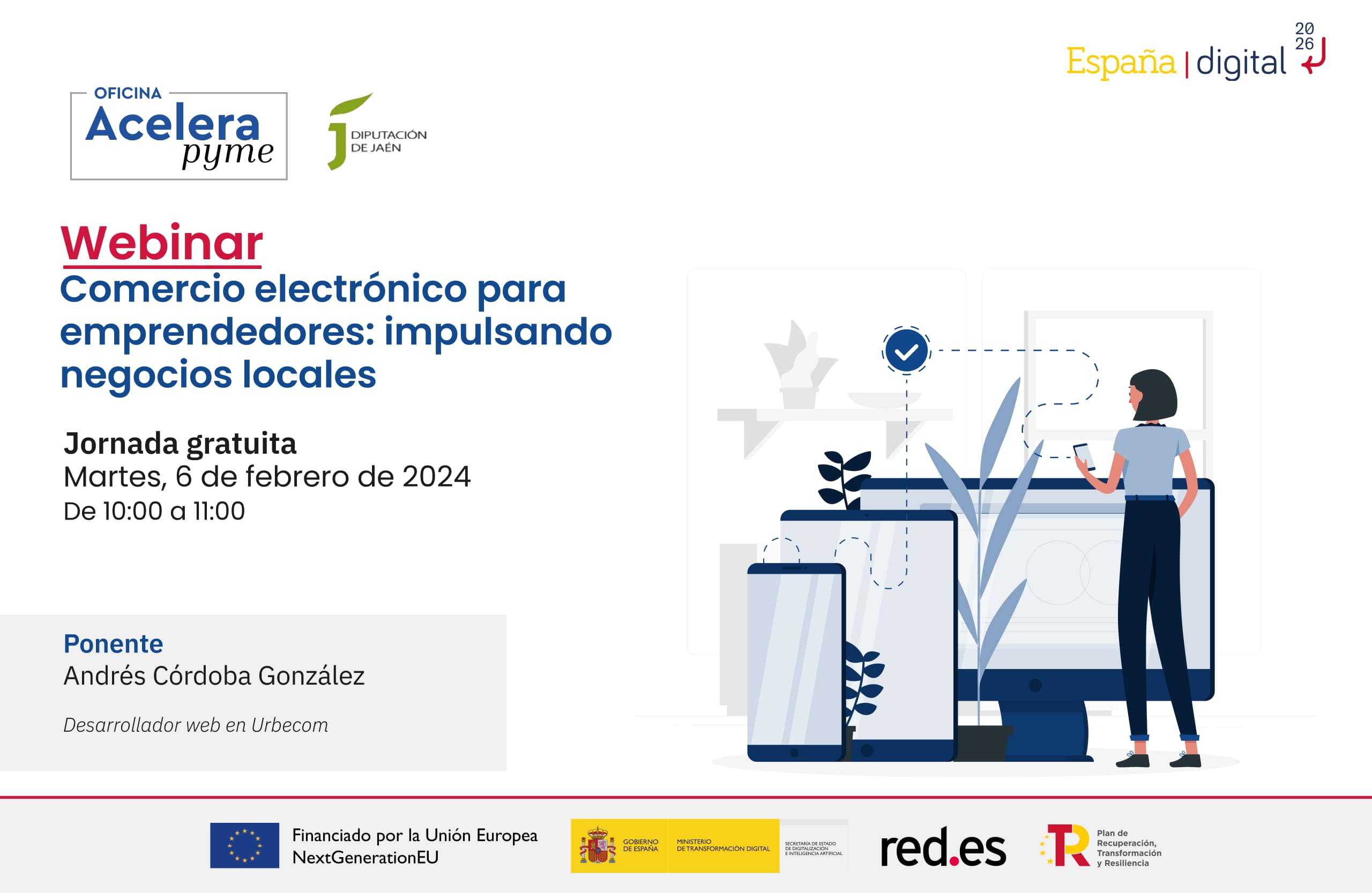 Cartel del evento "Comercio electrónico para emprendedores: impulsando negocios locales" organizado por la Oficina Acelera Pyme Rural de la Diputación Provincial de Jaén