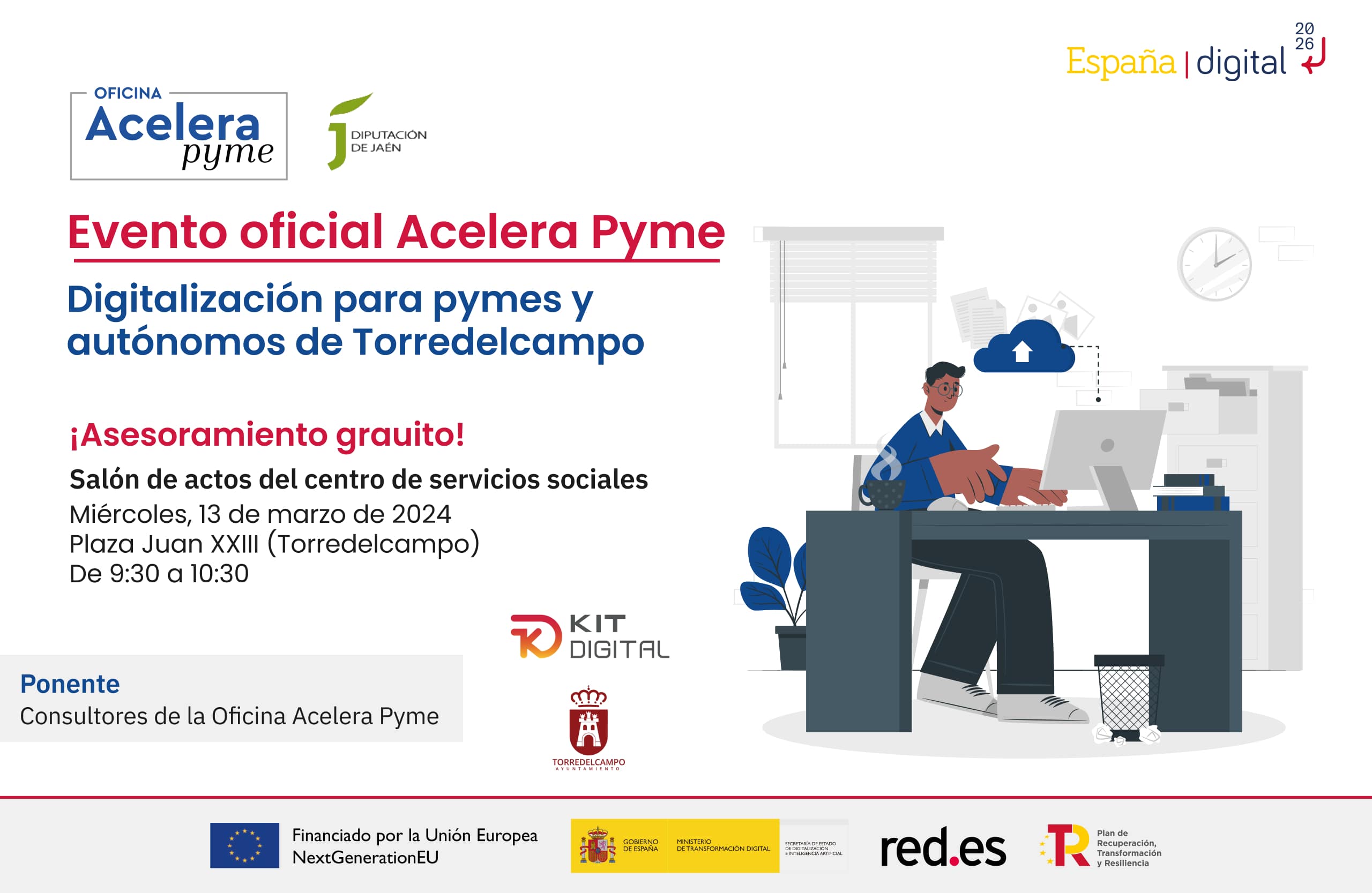 Cartel del evento "Digitalización para pymes y autónomos de Torredelcampo" organizado por la Oficina Acelera Pyme Rural de la Diputación Provincial de Jaén