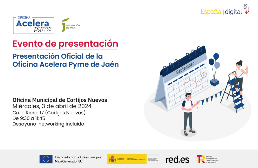 Cartel del evento "Presentación de la Oficina Acelera Pyme Rural de Jaén en Cortijos Nuevos" organizado por la Oficina Acelera Pyme Rural de la Diputación Provincial de Jaén