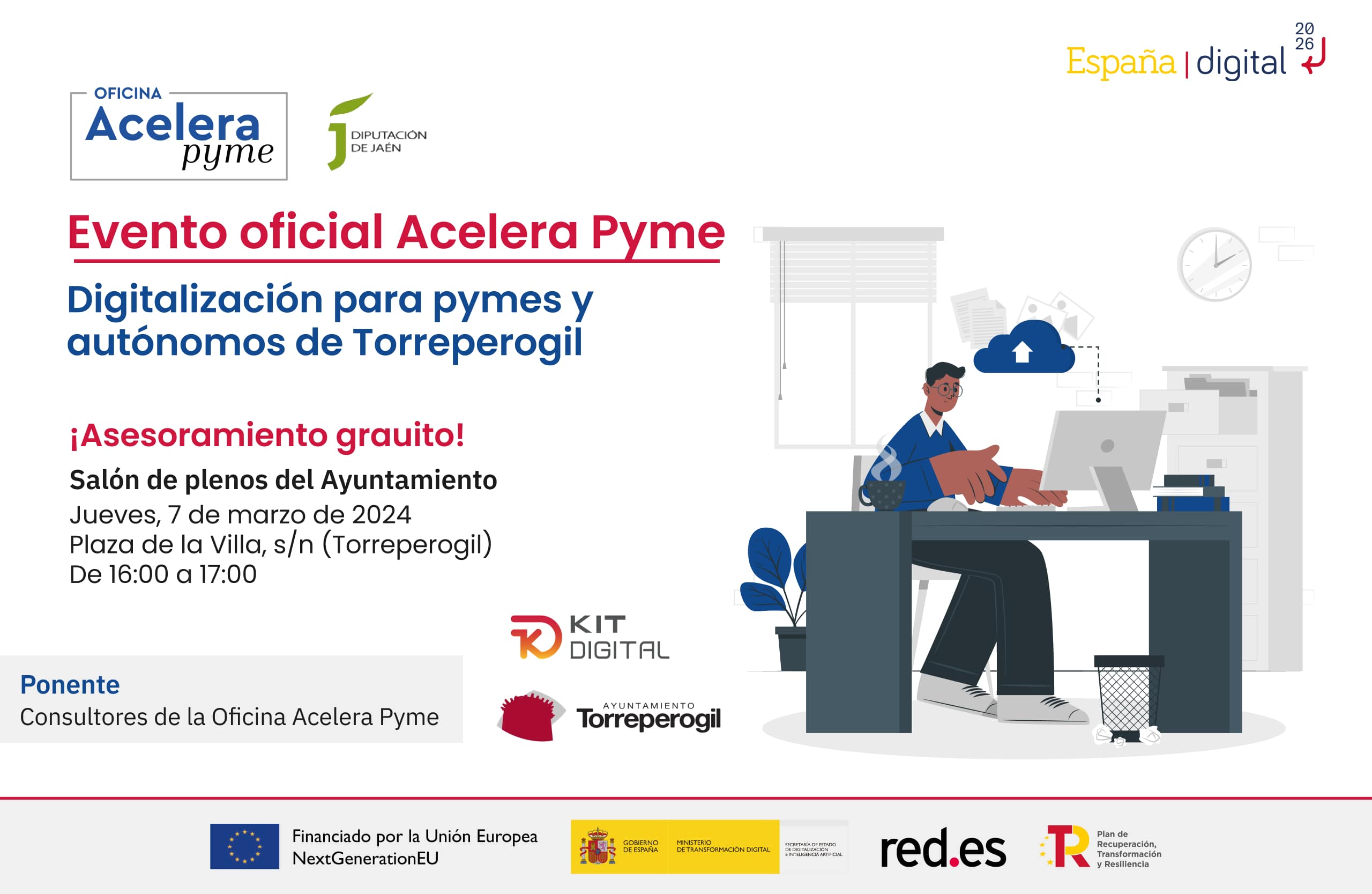 Cartel del evento de presentación de la Oficina Acelera Pyme de Jaén en Torreperogil