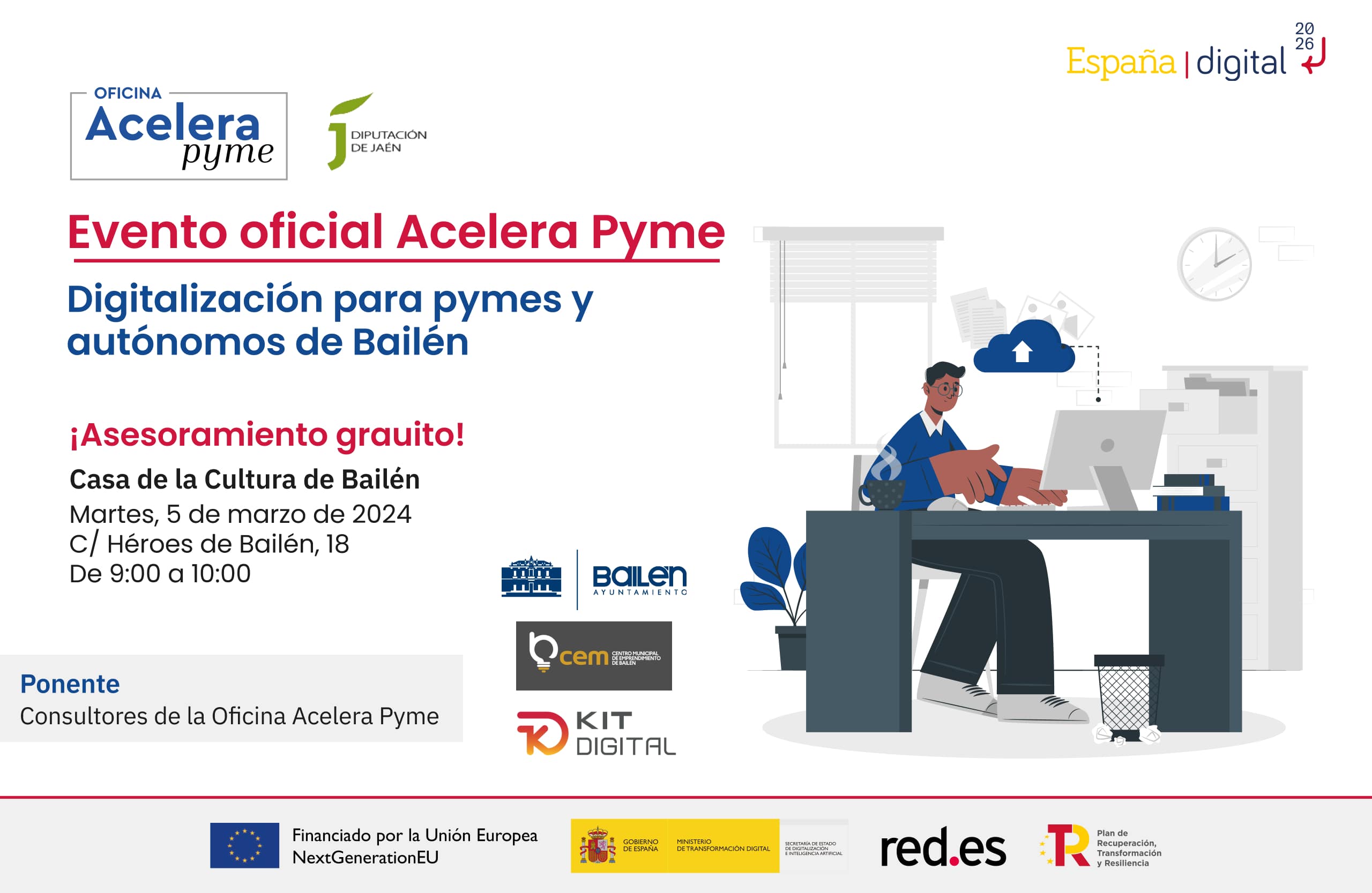 Cartel del evento "Digitalización para pymes y autónomos de Bailén" organizado por la Oficina Acelera Pyme Rural de la Diputación Provincial de Jaén