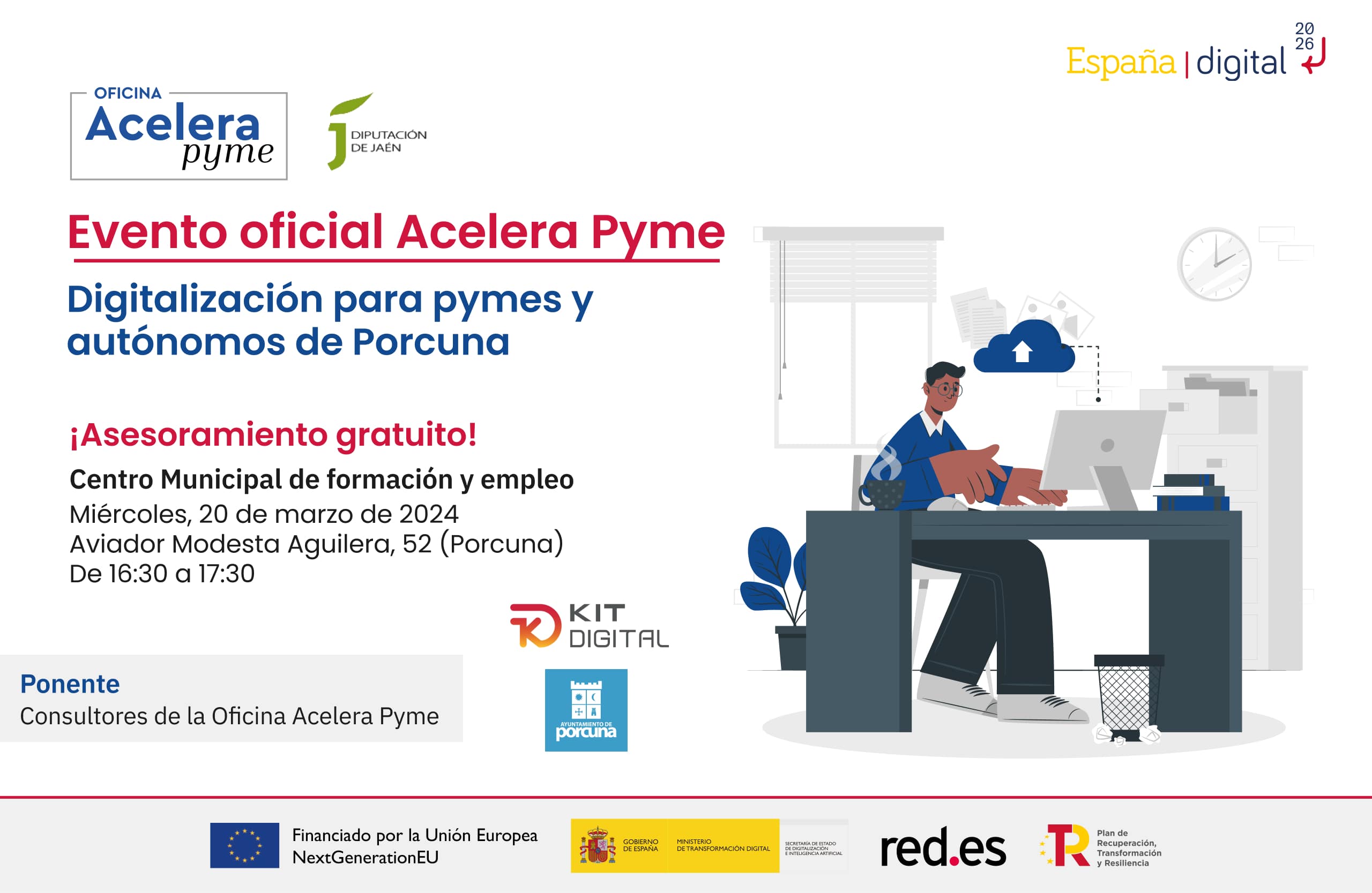 cartel del evento de presentación de la Oficina Acelera Pyme de la Diputación de Jaén en Porcuna