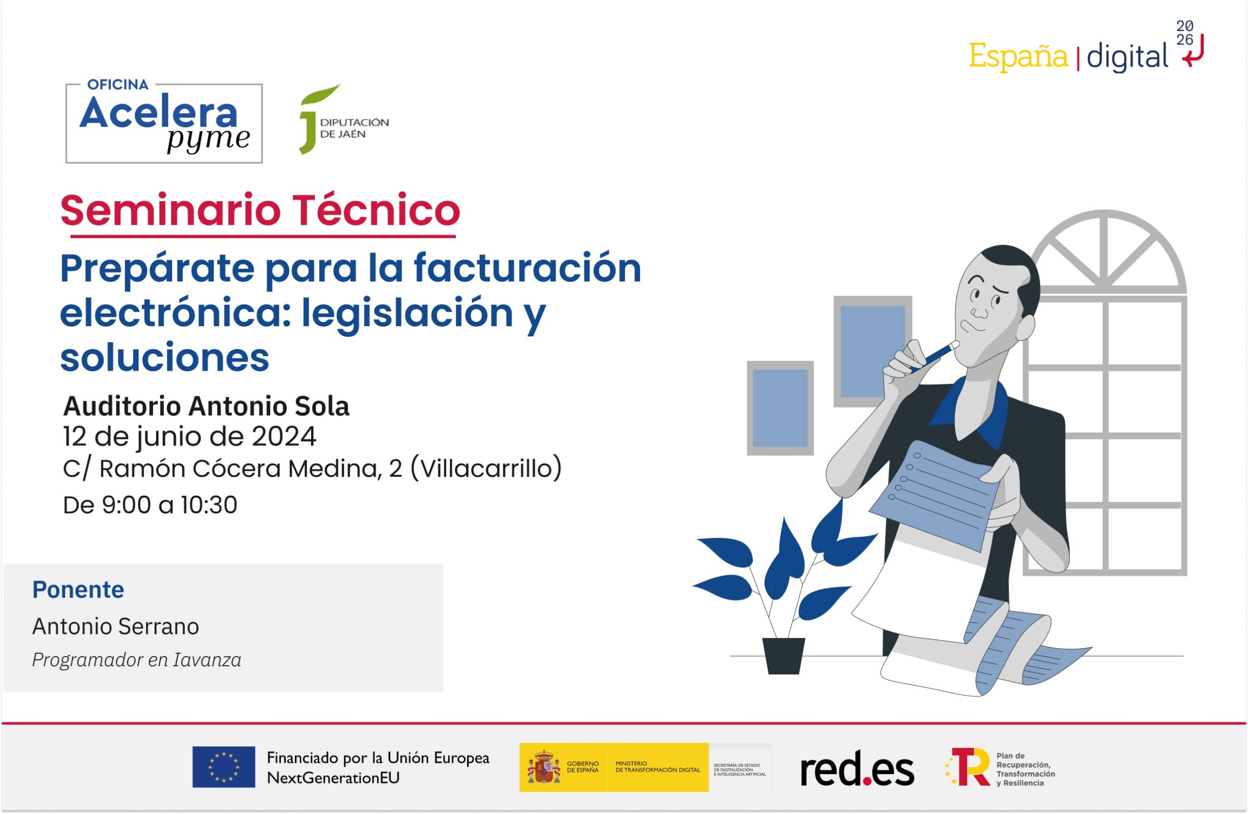 Cartel del evento "Prepárate para la facturación electrónica: legislación y soluciones" organizado por la Oficina Acelera Pyme Rural de la Diputación Provincial de Jaén