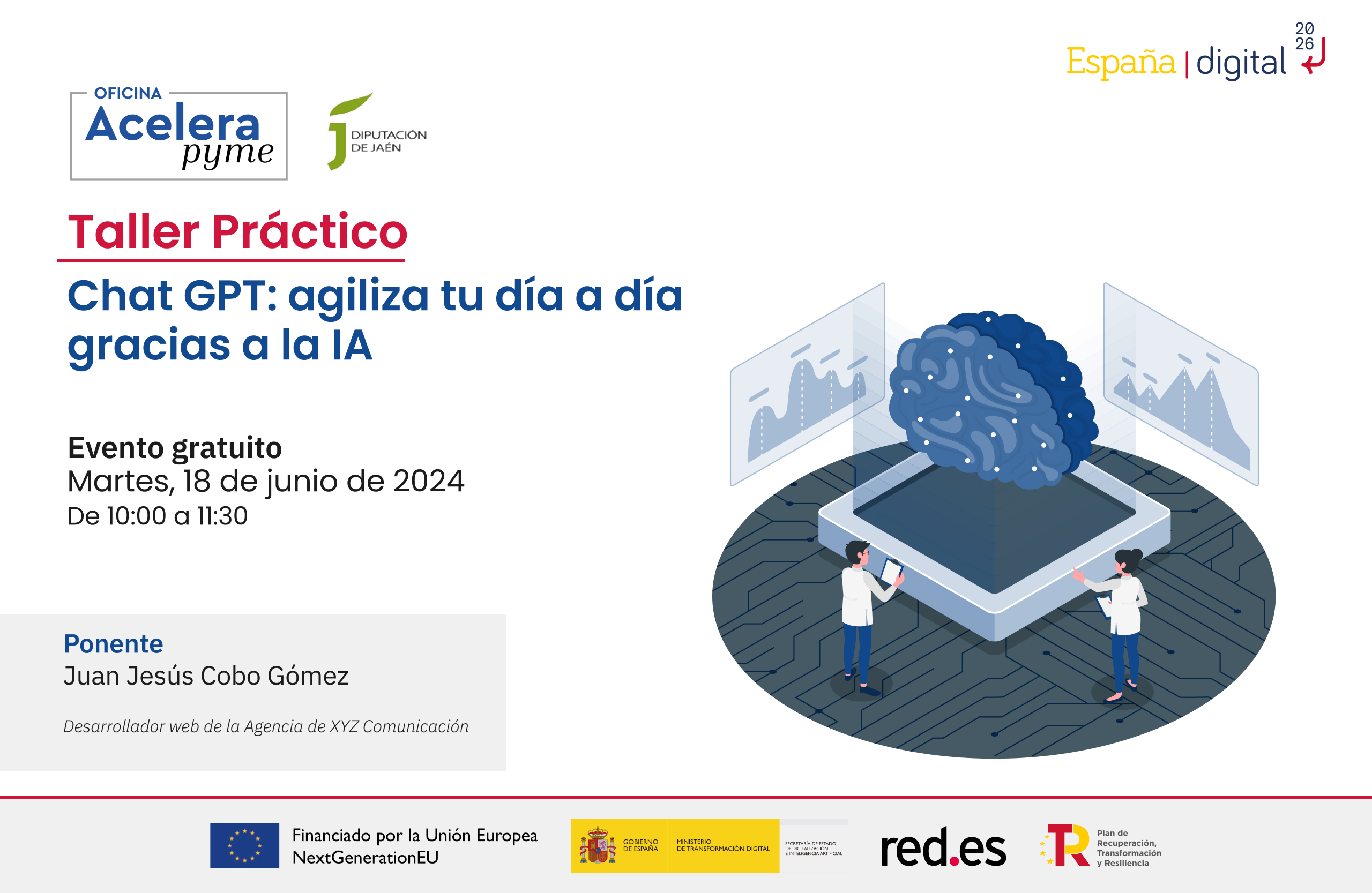 Cartel del evento "Chat GPT: agiliza tu día a día gracias a la IA" organizado por la Oficina Acelera Pyme Rural de la Diputación Provincial de Jaén
