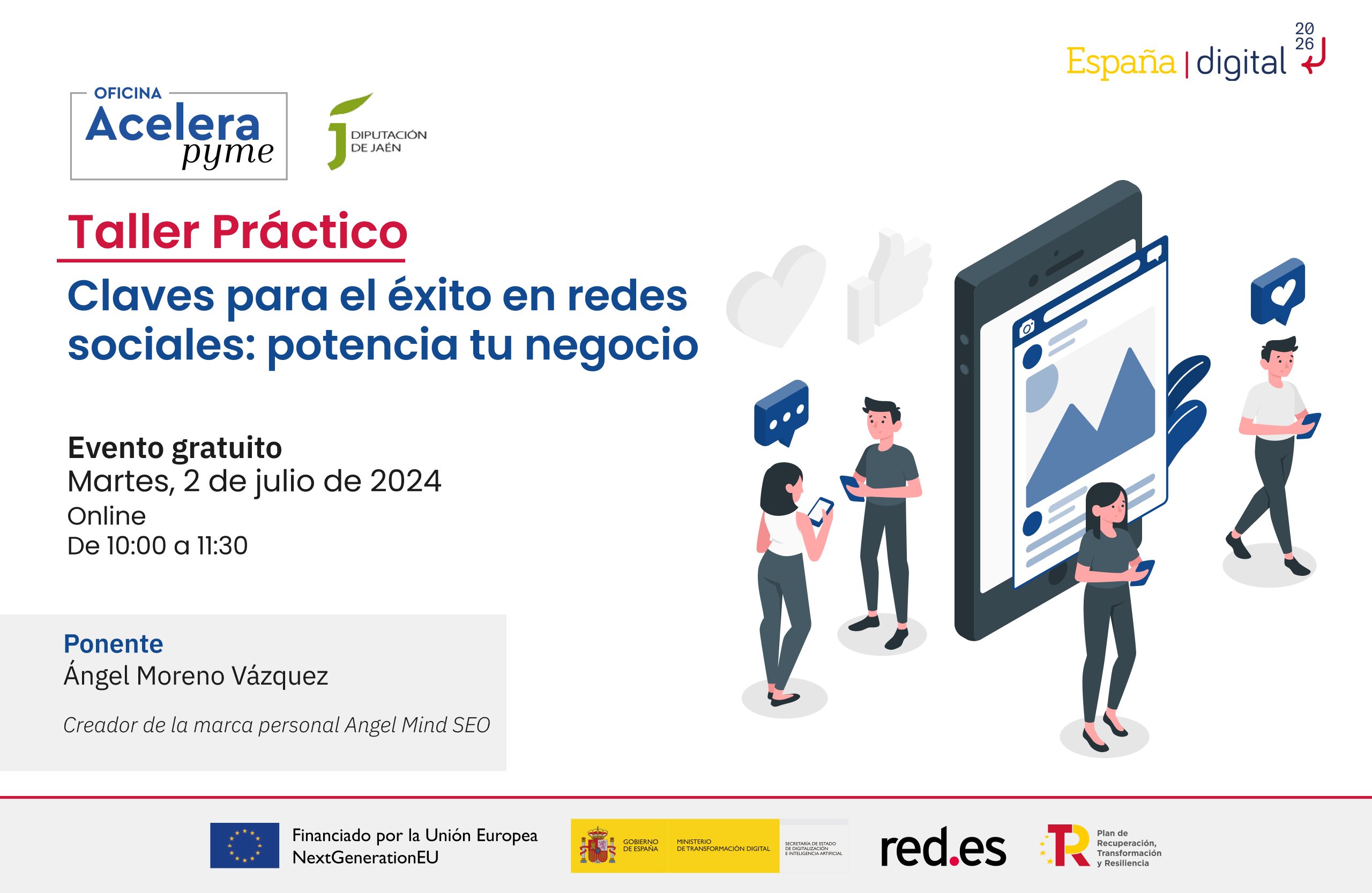 Cartel del evento "Claves para el éxito en redes sociales: potencia tu negocio" organizado por la Oficina Acelera Pyme Rural de la Diputación Provincial de Jaén