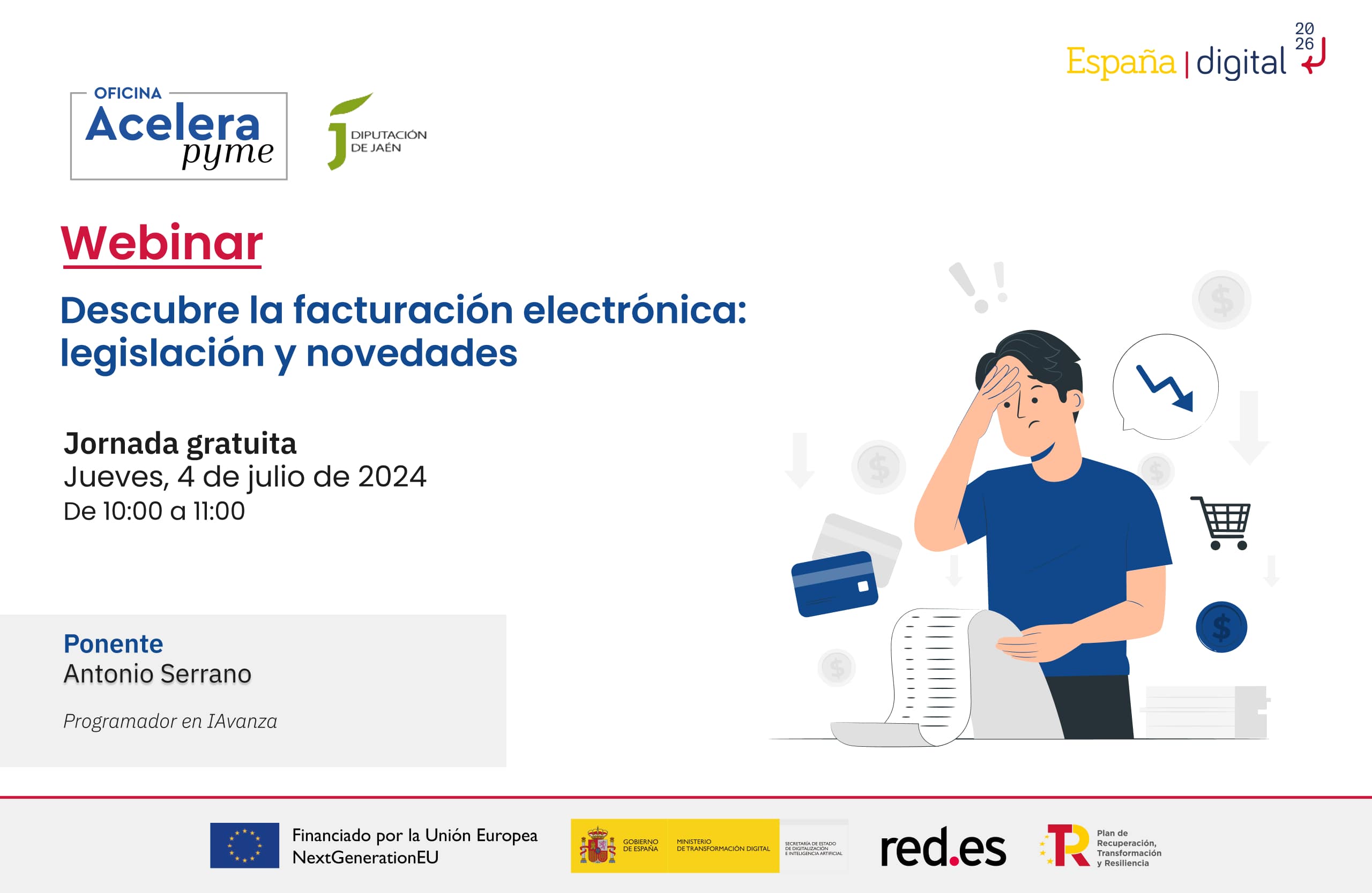 Cartel del evento "Descubre la facturación electrónica: legislación y novedades" organizado por la Oficina Acelera Pyme Rural de la Diputación Provincial de Jaén