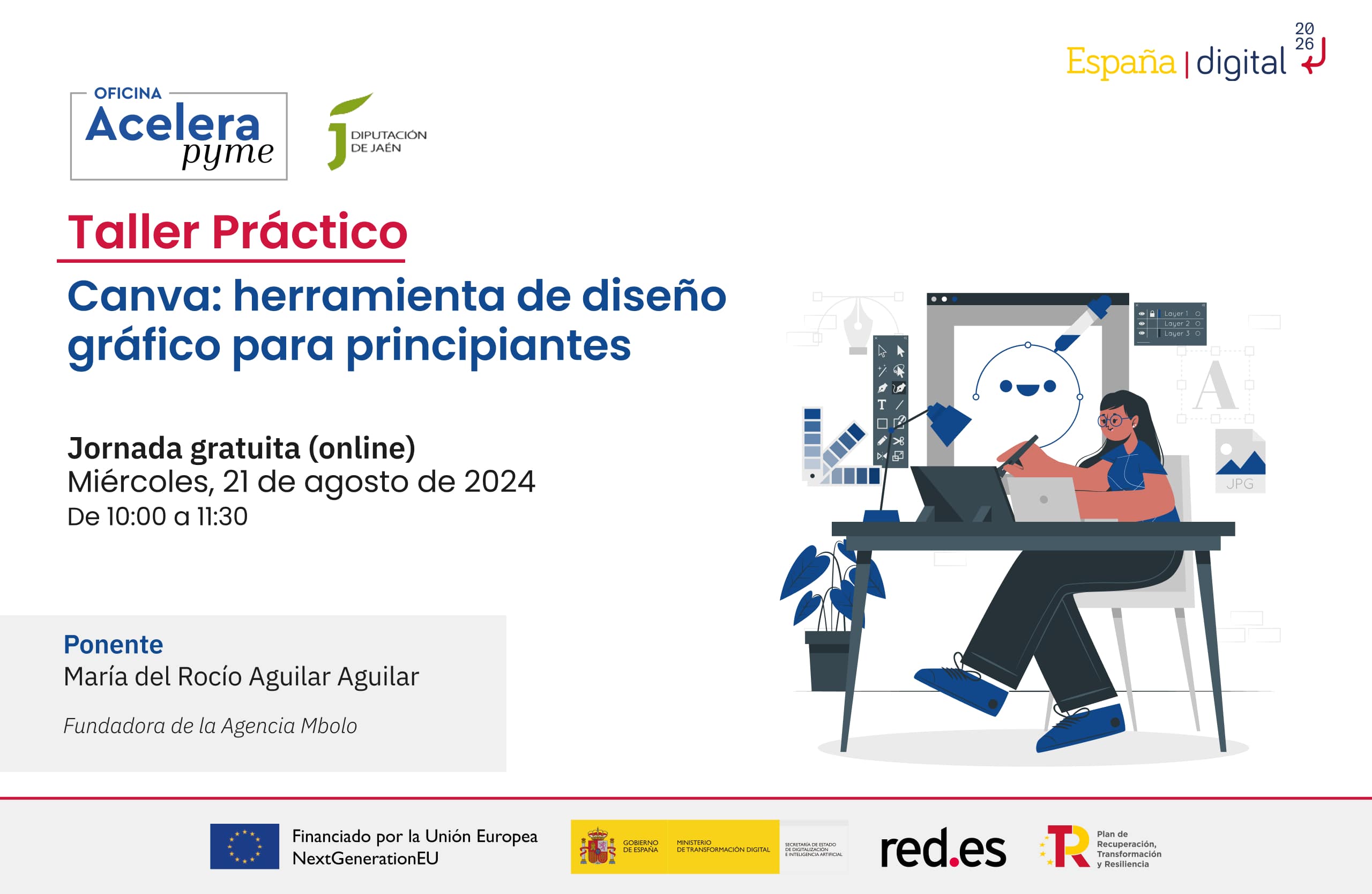 Cartel del evento "Canva: herramienta de diseño gráfico para principiantes" organizado por la Oficina Acelera Pyme Rural de la Diputación Provincial de Jaén