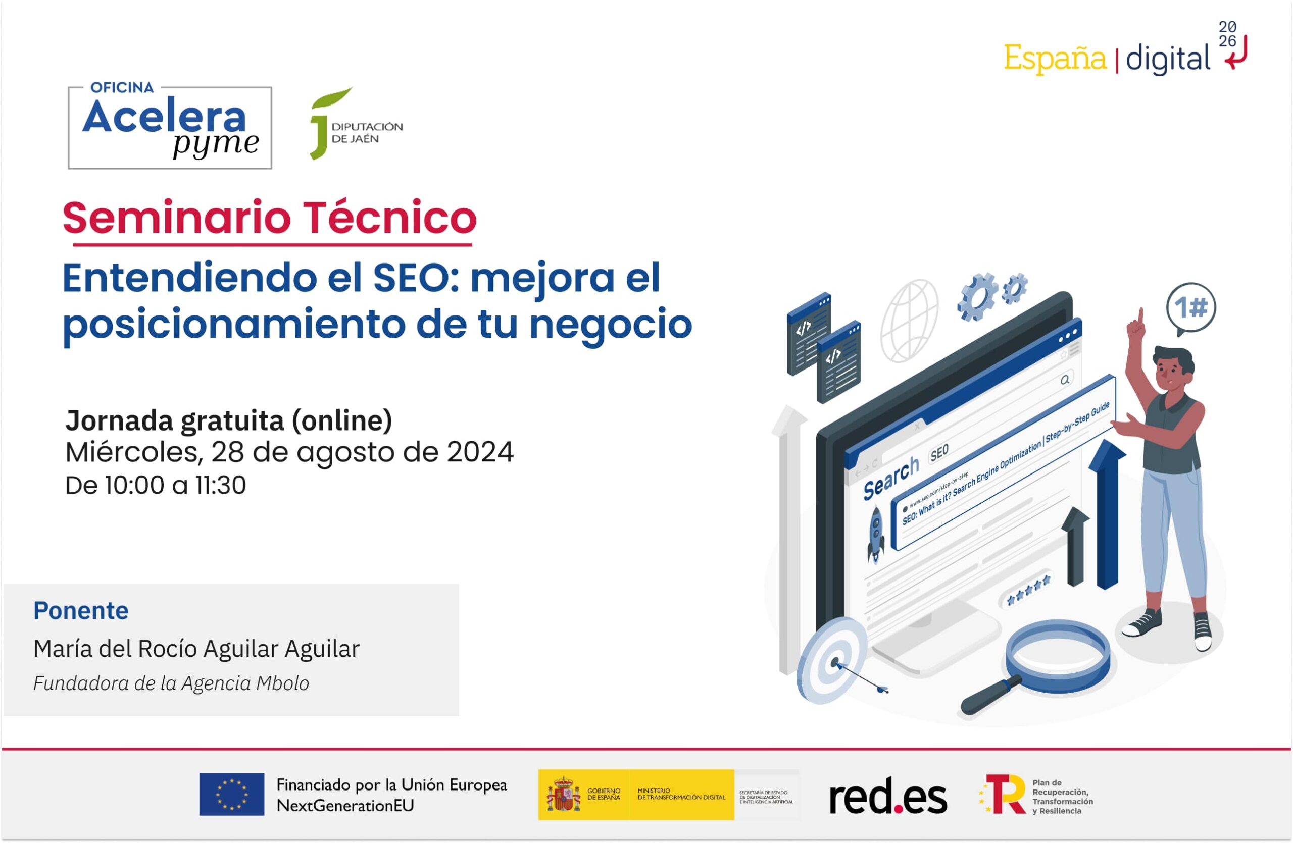 Cartel del evento "Entendiendo el SEO: mejora el posicionamiento de tu negocio" organizado por la Oficina Acelera Pyme Rural de la Diputación Provincial de Jaén