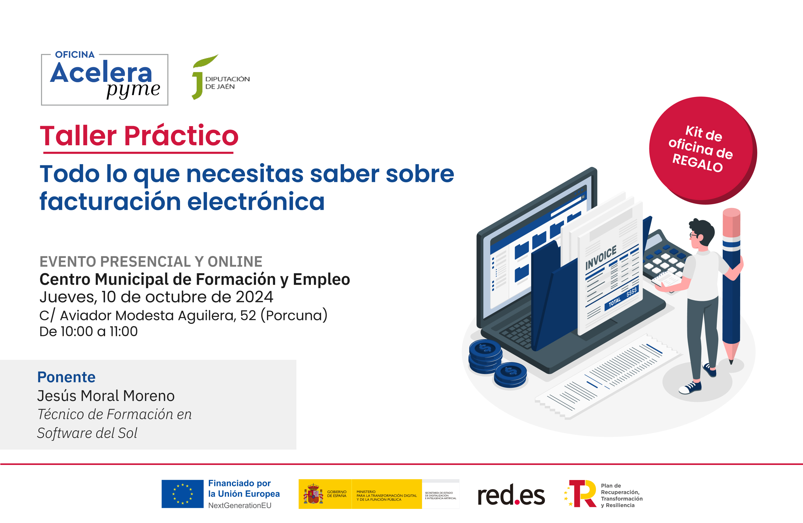 Cartel del evento "Todo lo que necesitas saber sobre facturación electrónica" organizado por la Oficina Acelera Pyme Rural de la Diputación Provincial de Jaén