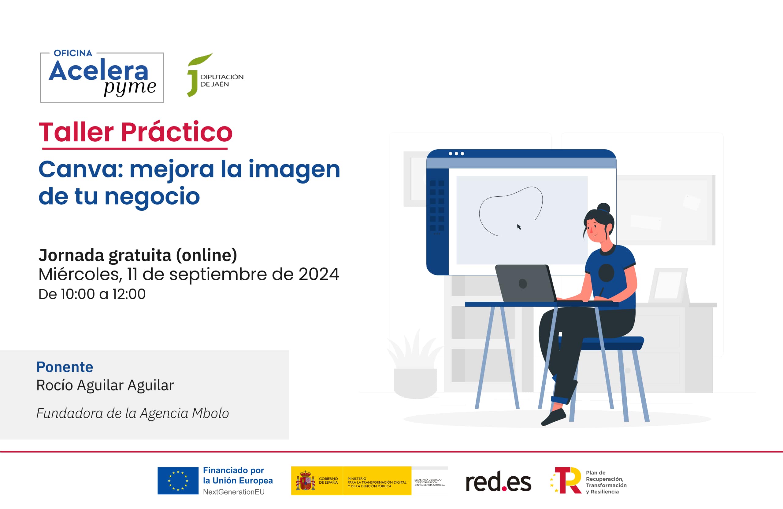 Cartel del evento "Canva: mejora la imagen de tu negocio" organizado por la Oficina Acelera Pyme Rural de la Diputación Provincial de Jaén