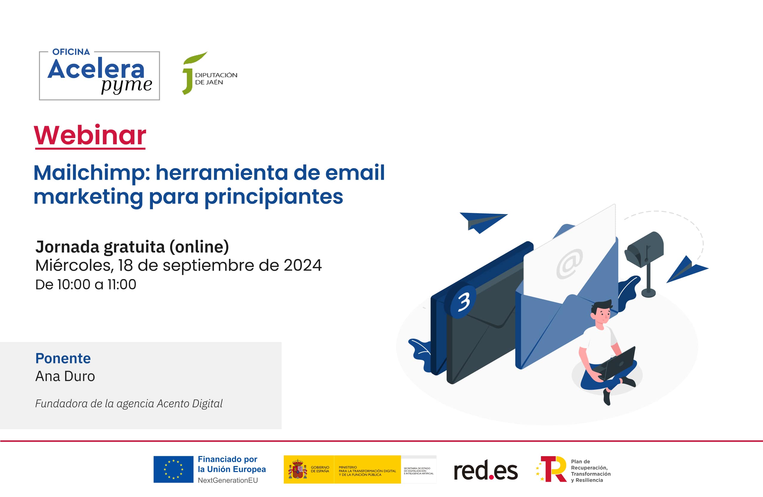 Cartel del evento "Mailchimp: herramienta de email marketing para principiantes" organizado por la Oficina Acelera Pyme Rural de la Diputación Provincial de Jaén