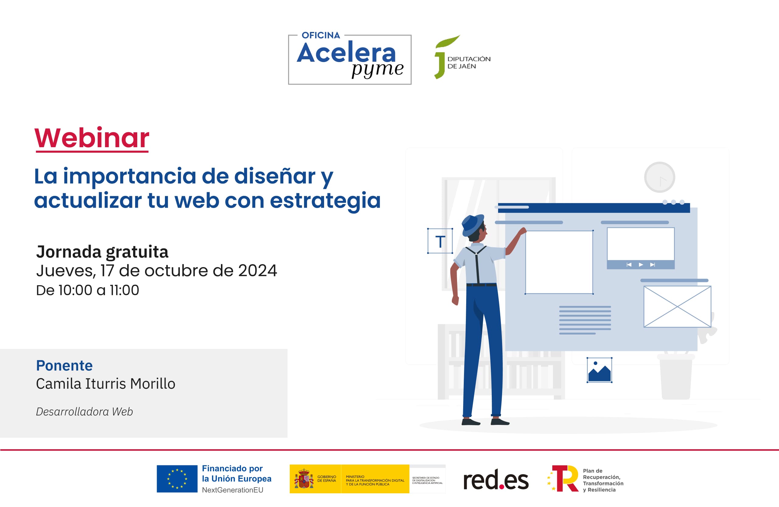 Cartel del evento "La importancia de diseñar y actualizar tu web con estrategia" organizado por la Oficina Acelera Pyme Rural de la Diputación Provincial de Jaén