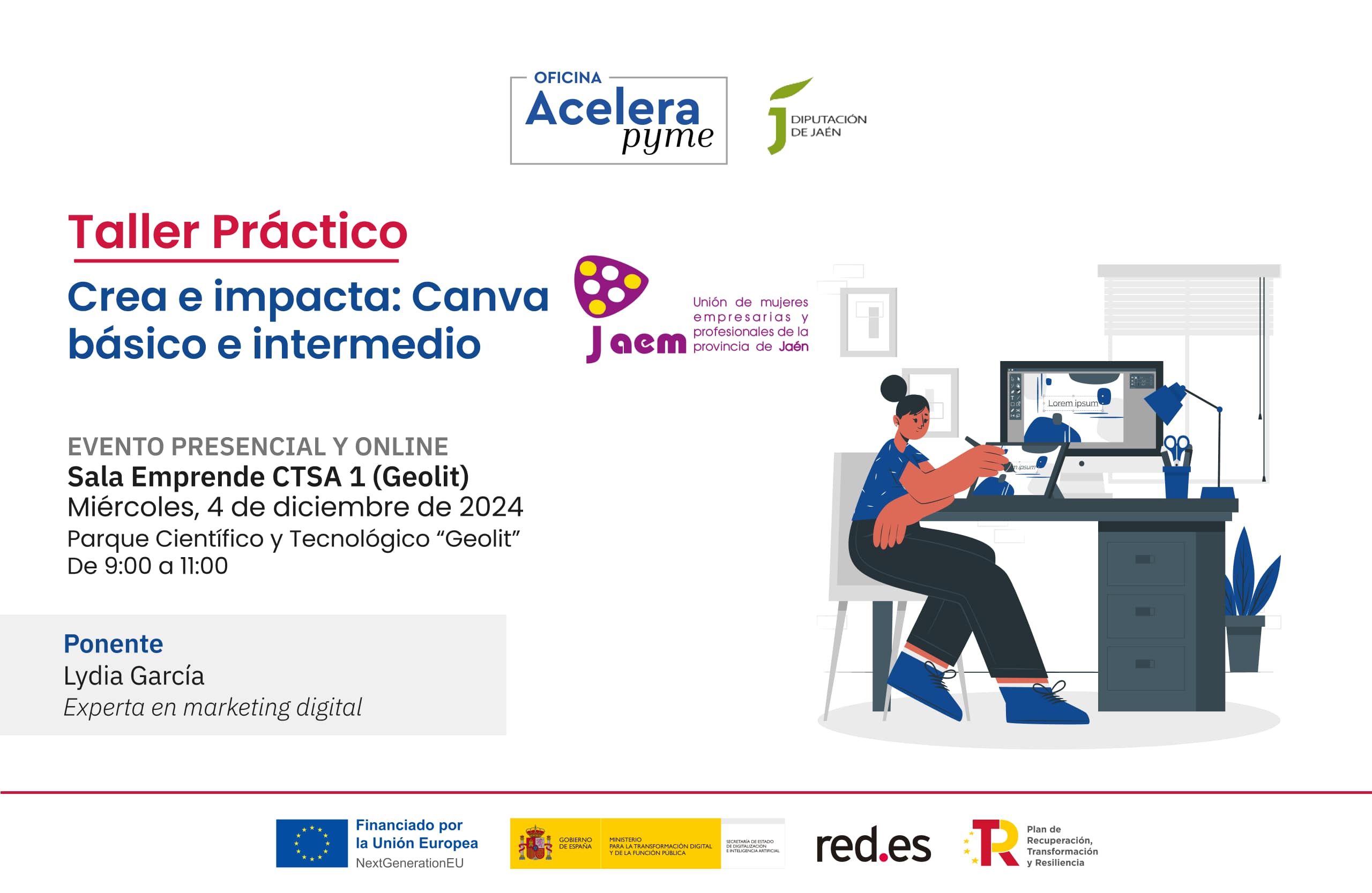 Cartel del evento "Crea e impacta: Canva básico e intermedio" organizado por la Oficina Acelera Pyme Rural de la Diputación Provincial de Jaén