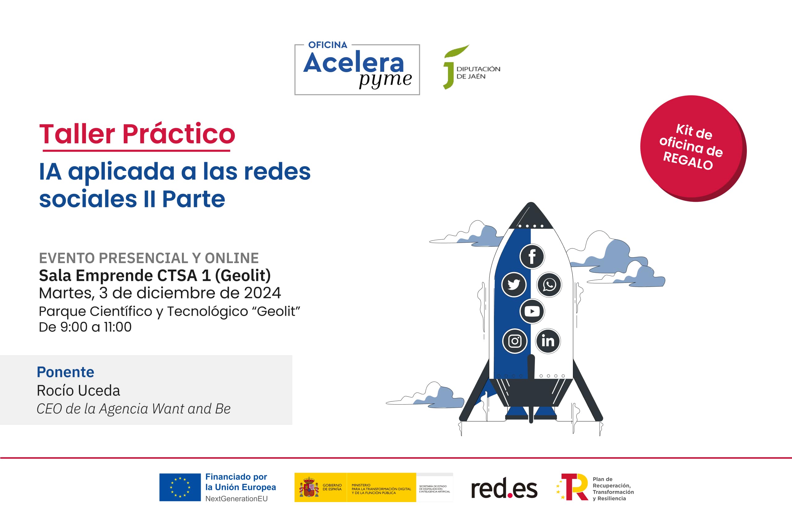 Cartel del evento "IA aplicada a las RRSS II Parte" organizado por la Oficina Acelera Pyme Rural de la Diputación Provincial de Jaén