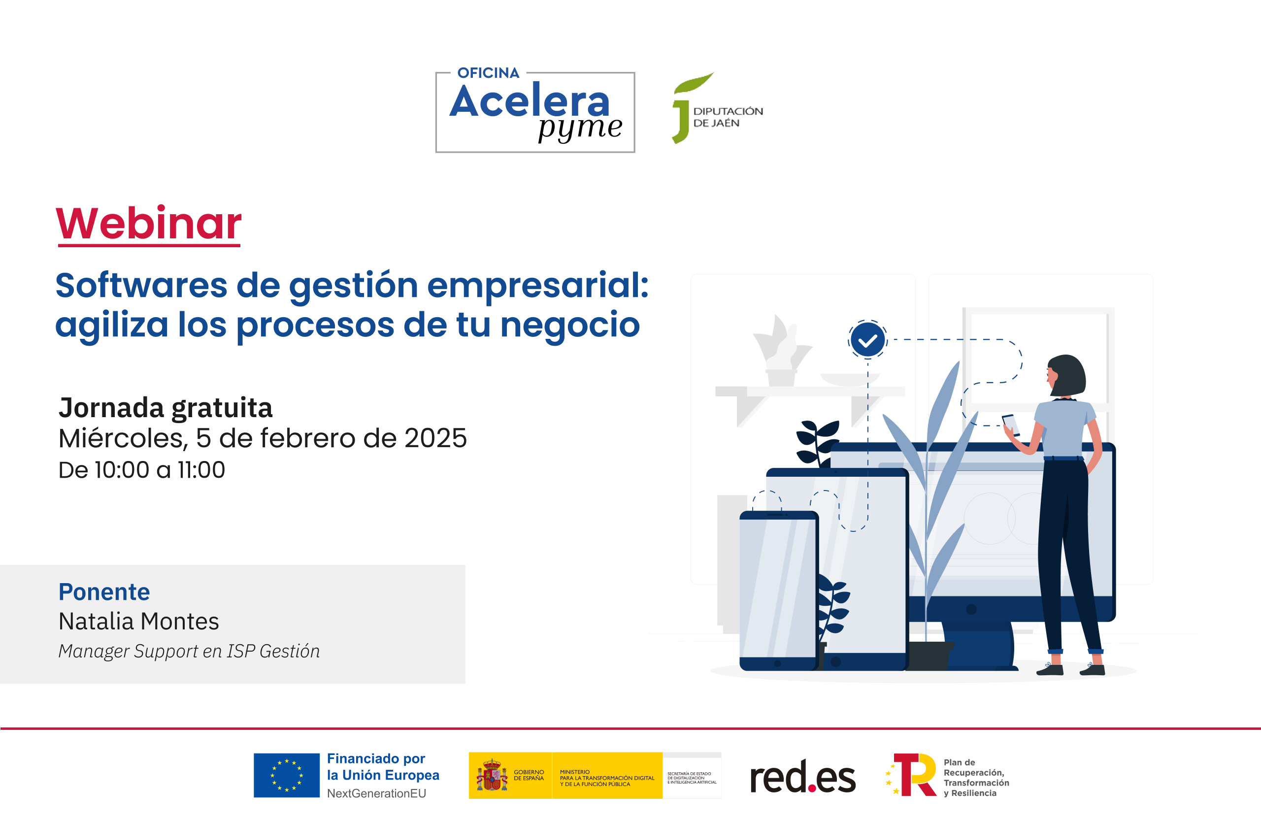 Cartel del evento "Softwares de gestión empresarial: agiliza los procesos de tu negocio" organizado por la Oficina Acelera Pyme Rural de la Diputación Provincial de Jaén