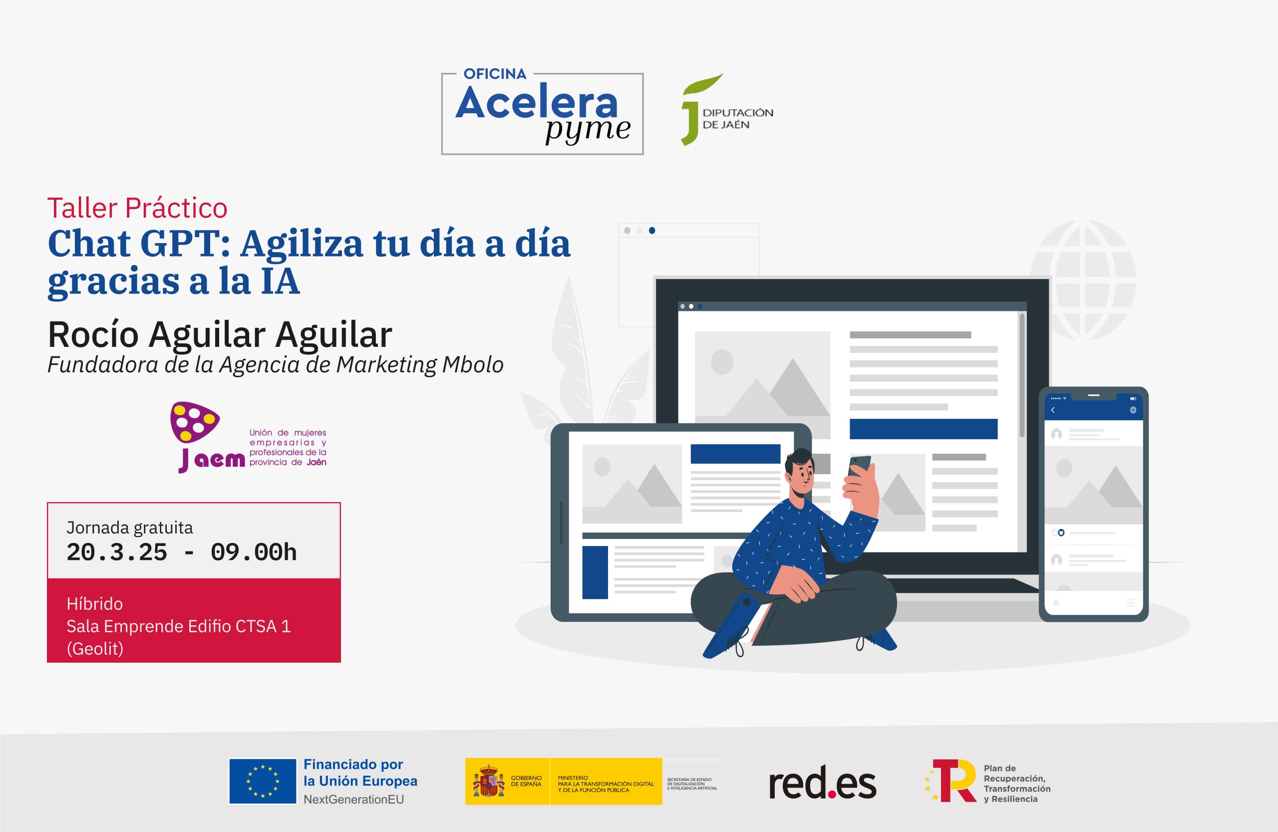 Cartel del evento "Chat GPT: Agiliza tu día a día gracias a la IA " organizado por la Oficina Acelera Pyme Rural de la Diputación Provincial de Jaén