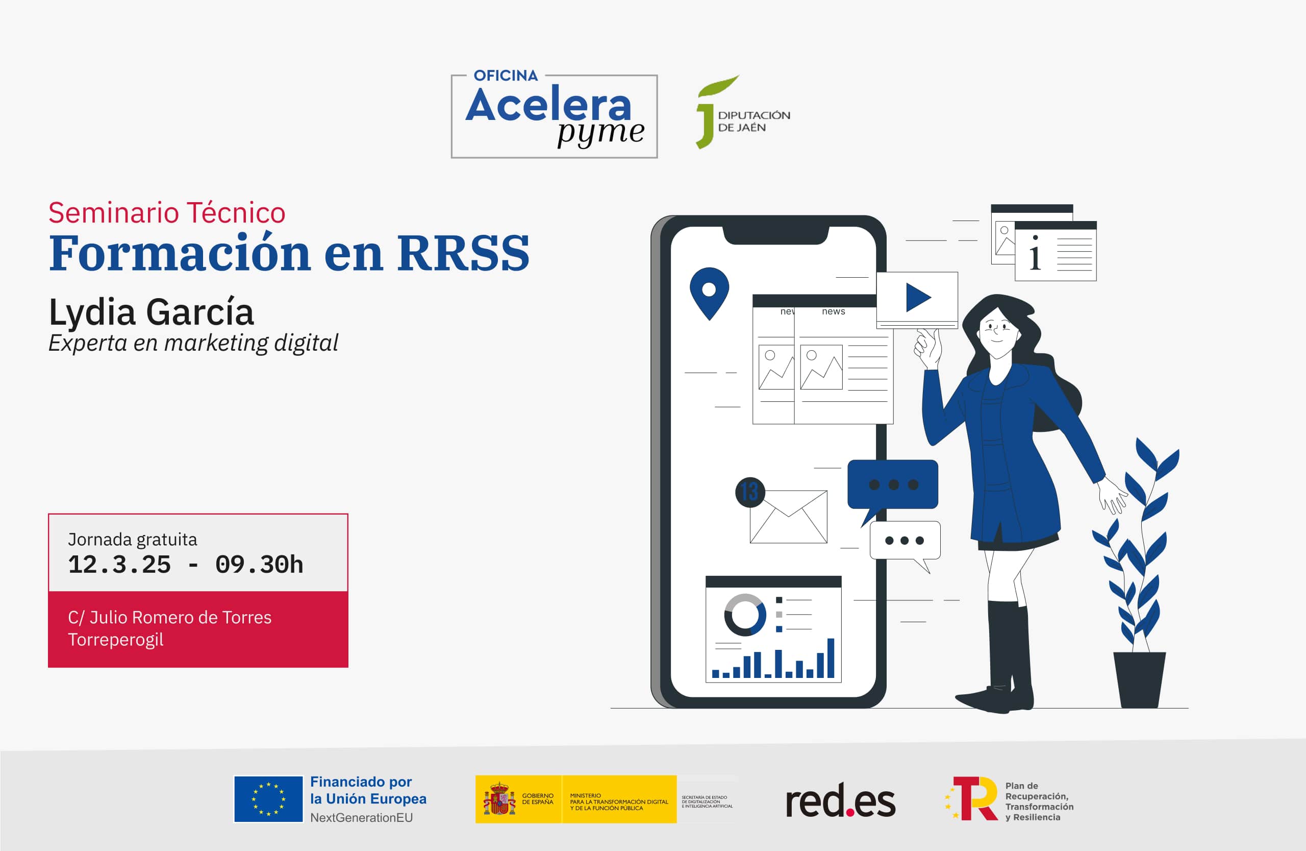 Cartel del evento "Formación en RRSS" organizado por la Oficina Acelera Pyme Rural de la Diputación Provincial de Jaén