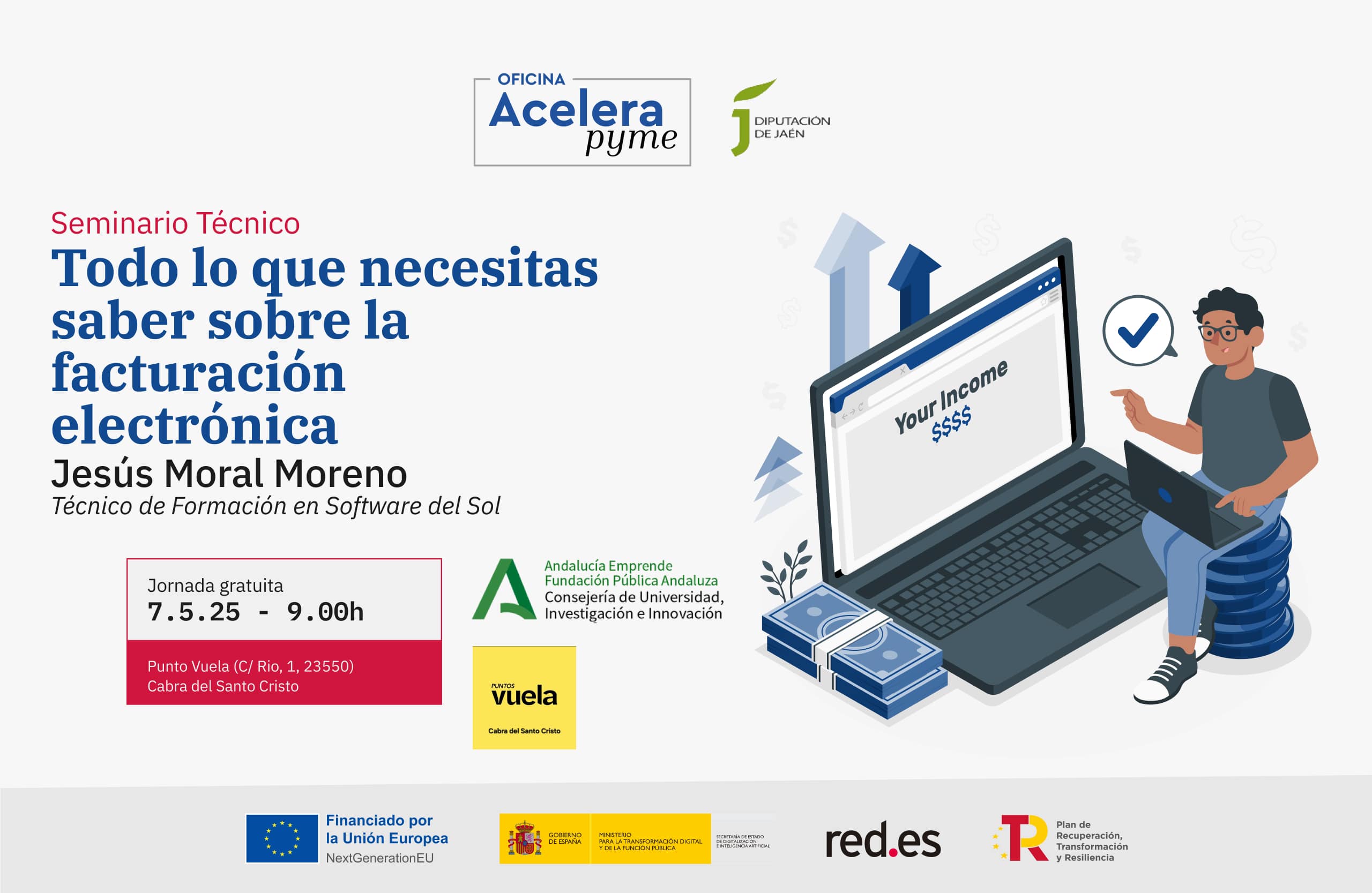 Cartel del evento "Todo lo que necesitas saber sobre la facturación electrónica " organizado por la Oficina Acelera Pyme Rural de la Diputación Provincial de Jaén