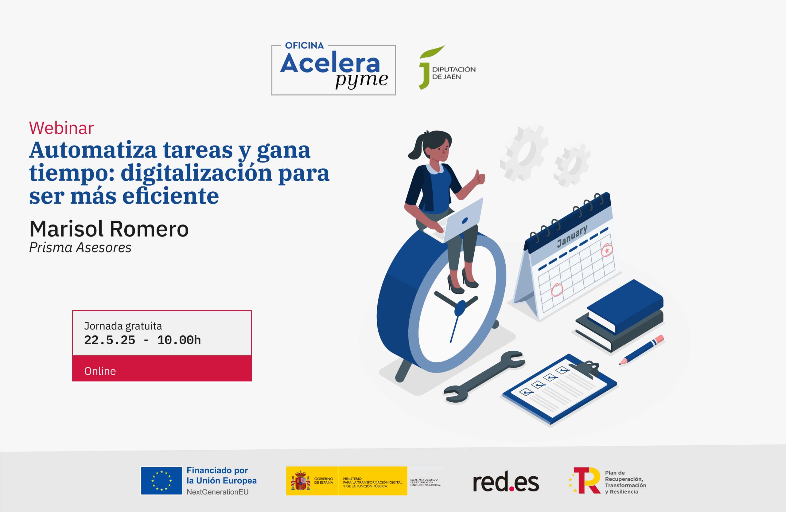 Cartel del evento "Automatiza tareas y gana tiempo: digitalización para ser más eficiente" organizado por la Oficina Acelera Pyme Rural de la Diputación Provincial de Jaén