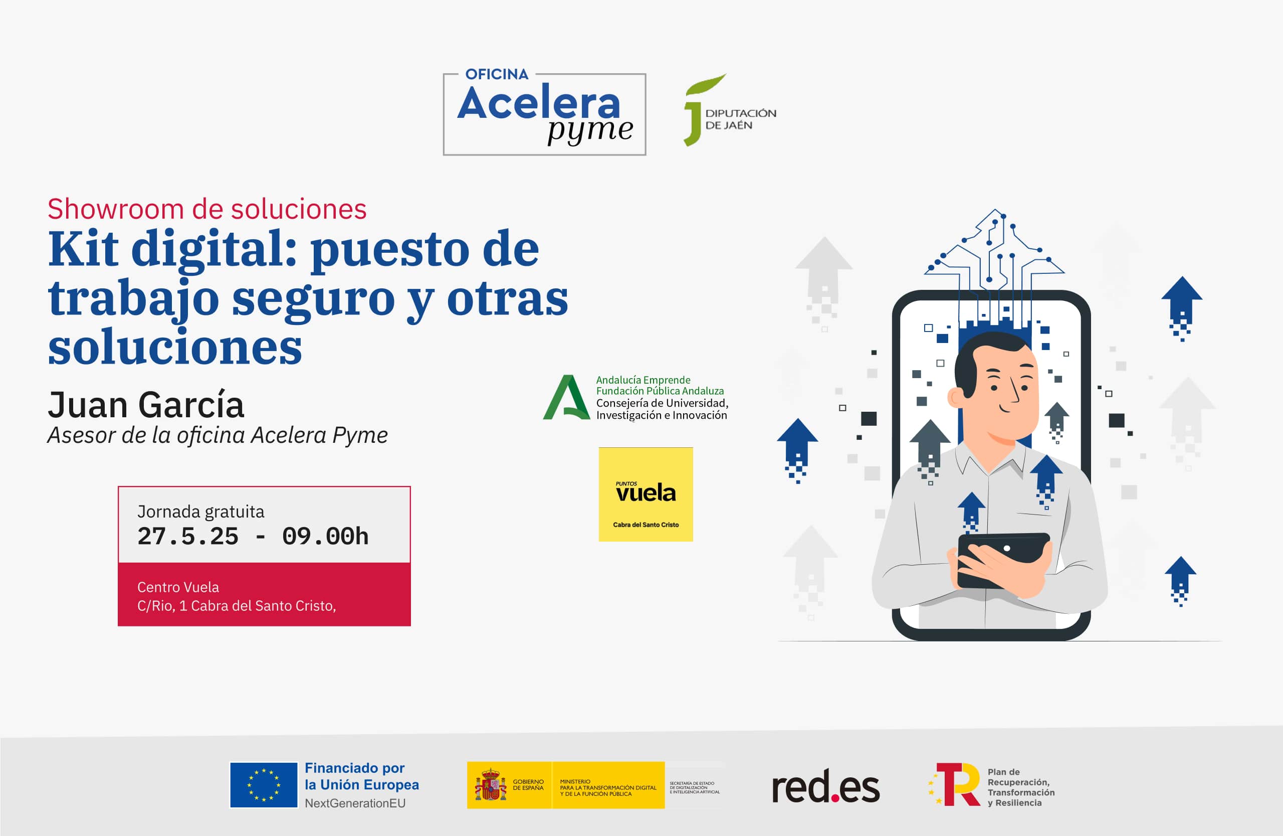 Cartel del evento "Kit Digital: puesto de trabajo seguro y otras soluciones" organizado por la Oficina Acelera Pyme Rural de la Diputación Provincial de Jaén